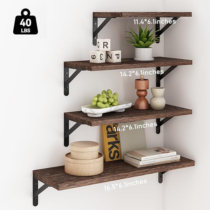 YGEOMER Floating Shelves for Wall, Different Sizes Dark Carbonized Brown Wall