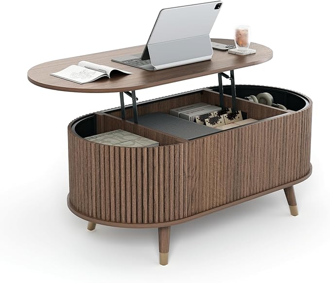 JOINICE 42.5" Oval Lift Top Coffee Table with Storage, Mid Century Modern Walnut Center Table with Fluted Design, Solid Wood Legs & Hidden Compartment, Pop Up Cocktail Table for Living Room