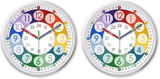 XFM 2 Pieces Learning Clock for Kids 8 Inch Silent Wall Clocks Battery Operated
