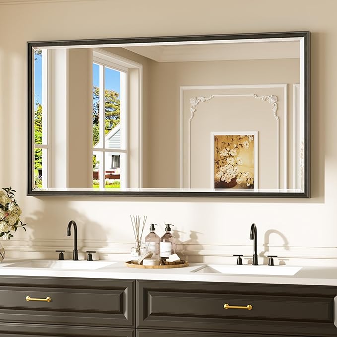 Keonjinn 55" x 30" Black Bathroom Vanity Mirror, Beveled Edge Tempered Glass