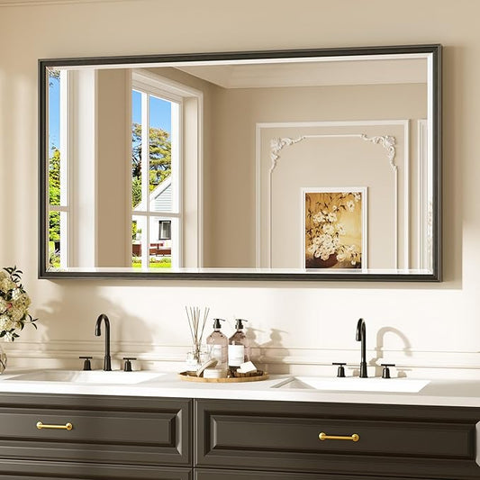 Keonjinn 55" x 30" Black Bathroom Vanity Mirror, Beveled Edge Tempered Glass