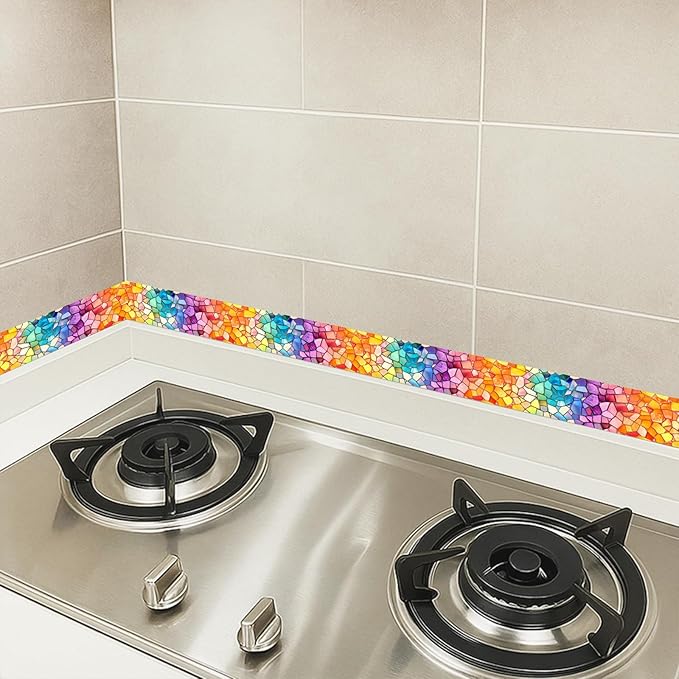 HOMETITUTE Wallpaper Border Peel and Stick Wall Border Rainbow Mosaic Glass