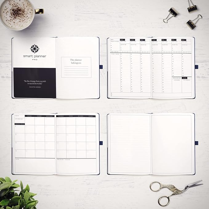 Smart Planner Pro – Undated Daily Planner – Medium B5 – Achieve Goals & Increase Productivity with Weekly, Monthly, Work Sections - Organizer Planner with Back Pocket, 3 Satin Bookmarks & Pen Holder