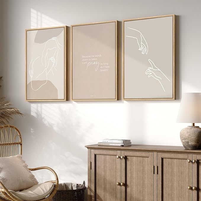 Framed Christian Wall Art Set of 3, Minimalist Neutral Beige Scripture Prints