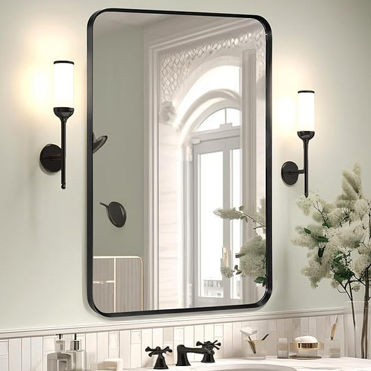 Wall Mount Mirror for Bathroom, Brush Black Metal Framed Rounded Corner