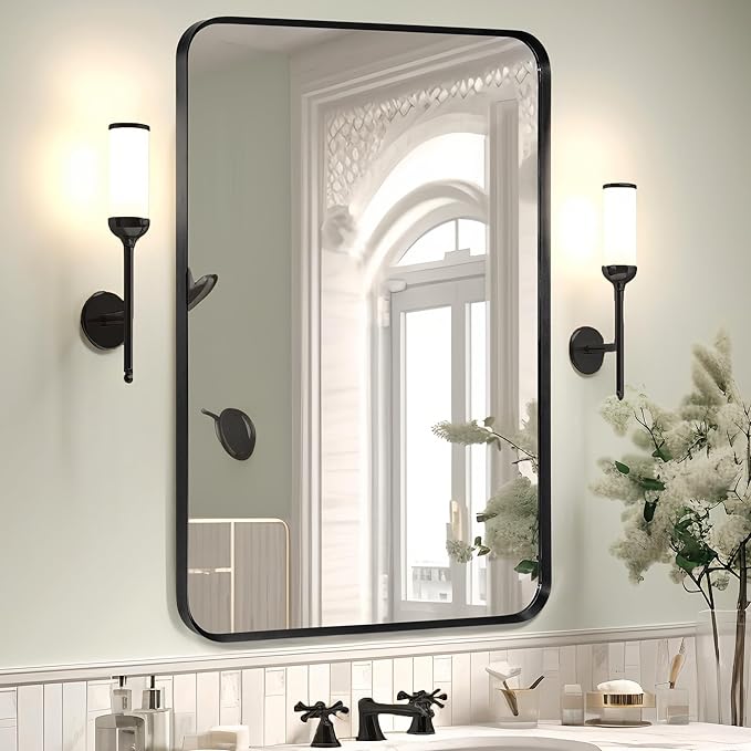 Wall Mount Mirror for Bathroom, Brushed Black Metal Framed Rounded Corner