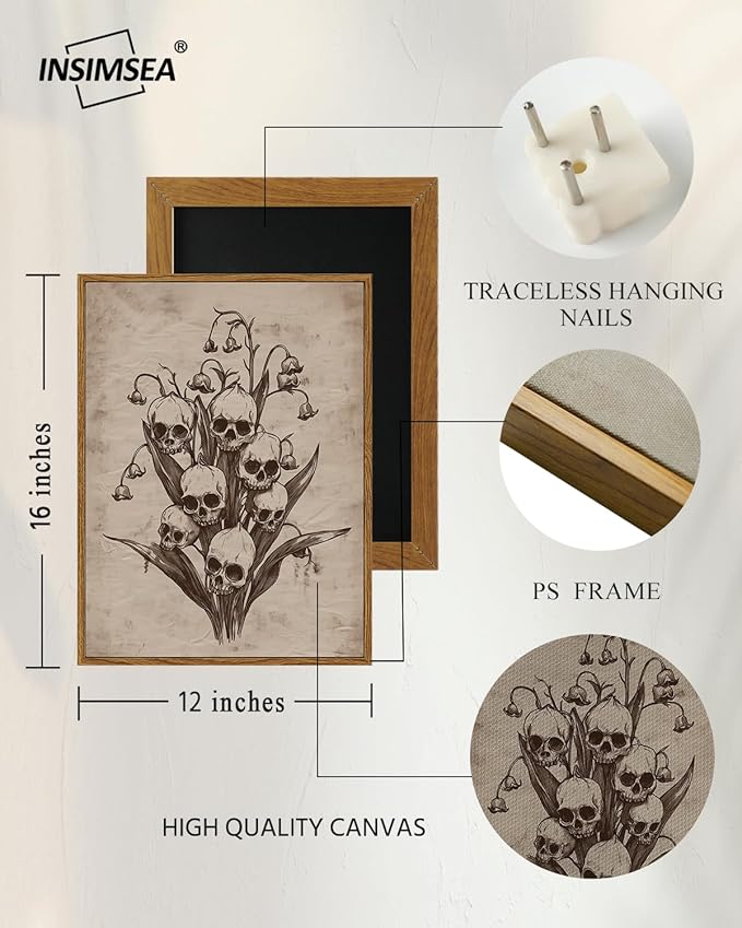 InSimSea Framed Canvas Prints Art Vintage Decor, Gothic Skull Flowers Painting, Rustic Dark Academia Wall Art for Bathroom, Halloween Living Room Witchy Room Wall Cottagecore Decor, 12x16inch