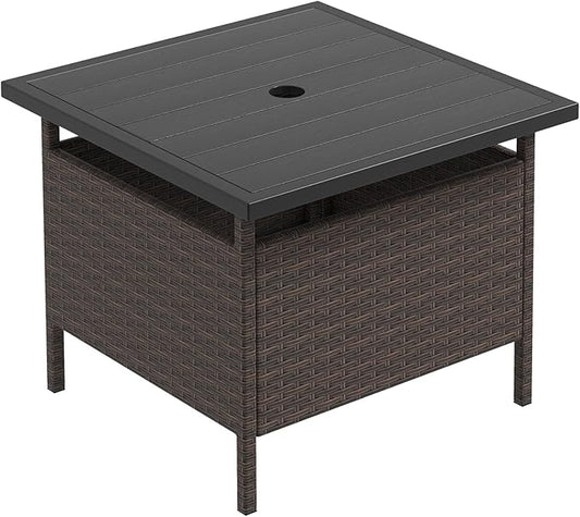 Giantex Umbrella Table, Outdoor Side Table with 2" Umbrella Hole, Rattan Umbrella Stand Holder, Heavy Duty Metal Frame, Patio Bistro Table for Deck Garden Poolside, Mix Brown (HDPE Tabletop)