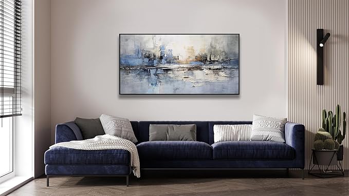 Abstract Wall Art Blue and White Reflection Large Size Framed Artwork Wall