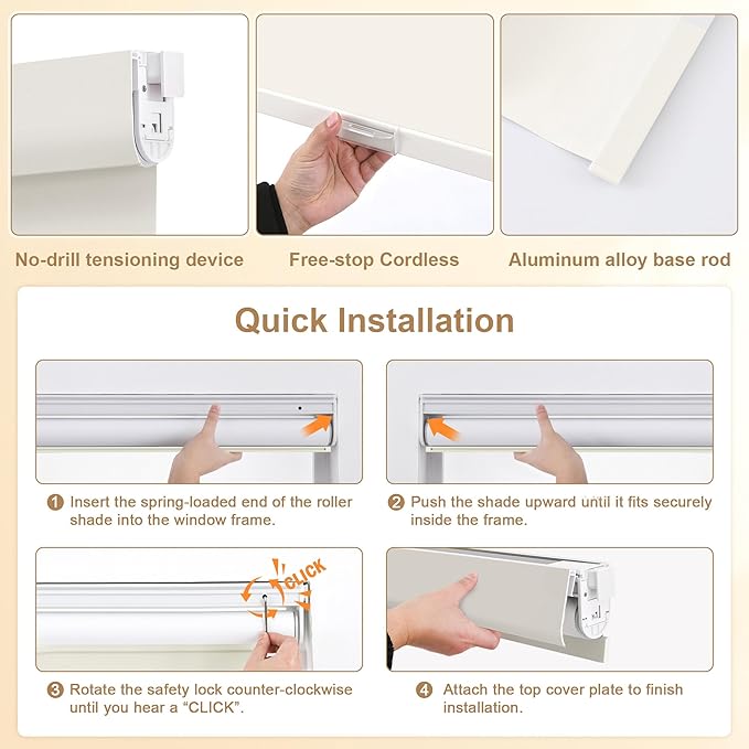 SUNOFF No Drill Tools Cordless Blackout Roller Shades Blinds