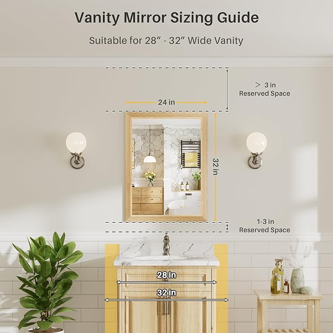 24x32 Inch Bathroom Mirror for Wall, Anti-Rust Oak Wood Grain Metal Framed