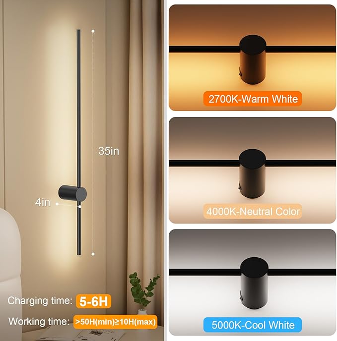NIORSUN 35.4 Inch Battery Operated Wall Sconce Set of 2, 10 Colors Dimmable
