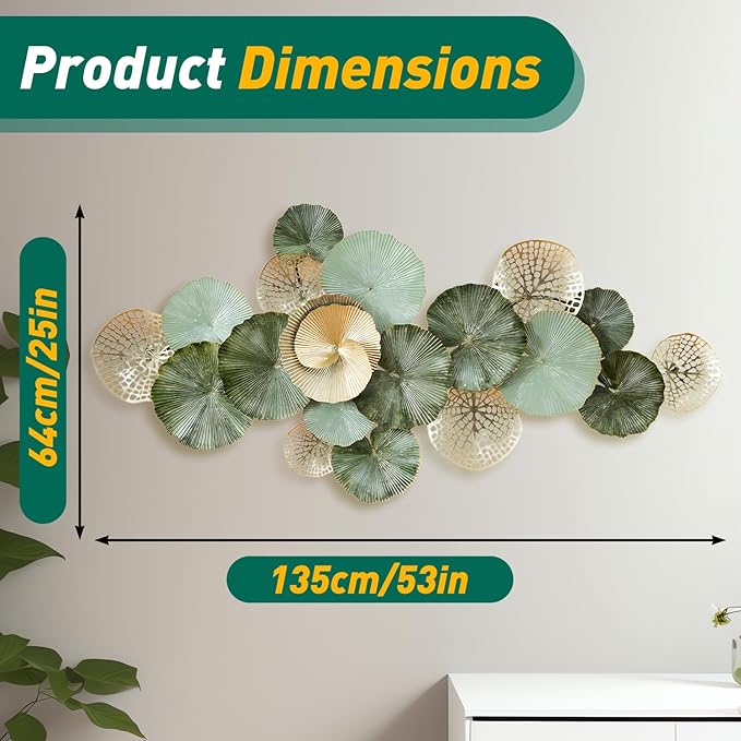 edaknez Metal Wall Art Decor, Large Metal Wall Art, 3D Flower Leaves Wall Decor, Modern Lotus Decoration for Indoor Outdoor Living Room Bedroom, Green & Gold (C 135x64x6cm)