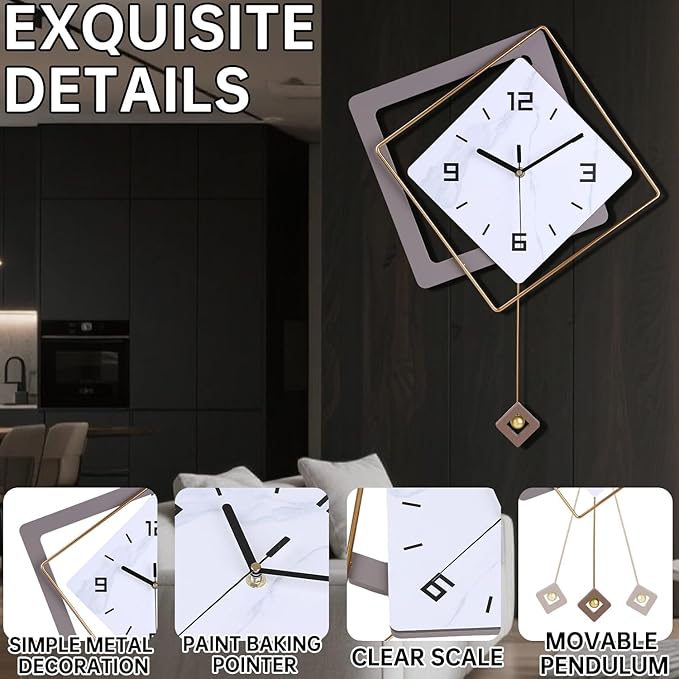 Wall Clock with Pendulum, Silent Quality Quartz Battery Operated, Modern Large