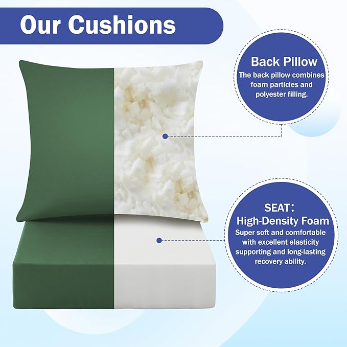 IASEAHK Outdoor Seat Cushion Set, Waterproof & Fade Resistant Patio Chair Cushions, Outdoors Cushion for Patio Furniture, 24 x 24 x 5.75 Inch, Outdoor Couch Cushions with Handle and Ties,ForestGreen