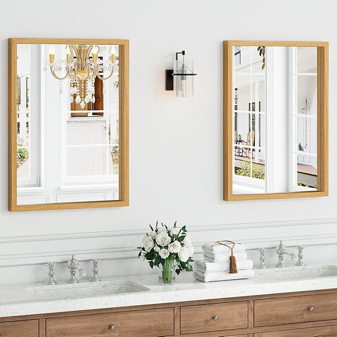 Syndra Natural Wood Frame Bathroom Mirror, 22x30'' Modern Vanity Mirror