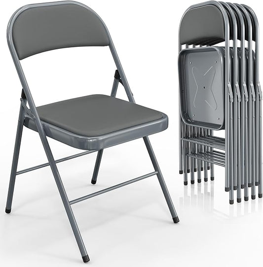 VINGLI 6 Pack Folding Chairs with Padded Seats, Metal Frame with Pu Leather Seat & Back, Capacity 350 lbs, Gray