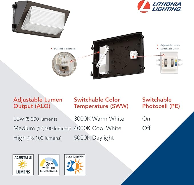 Lithonia Lighting 17" LED Wall Pack Outdoor Light Fixture, 3-Way Selectable CCT