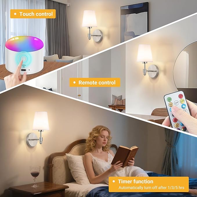 YHCDLAMP Battery Operated Wall Sconces Set of Two, Rechargeable Wireless Wall