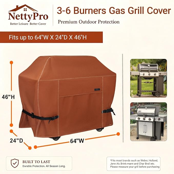 NettyPro Grill Cover for Outdoor Grill 64 inch, Waterproof Heavy Duty Gas BBQ Cover for Outside Weber, Char-Broil, Brinkmann, Jenn Air, Nexgrill 3-4 Burners Barbecue, Brown