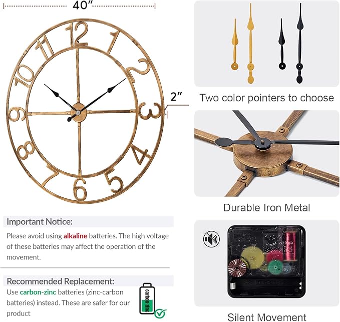 Large Wall Clock for Living Room Decor–40 Inch Silent Non-Ticking Modern