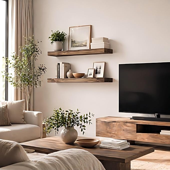 Floating Shelves 2 inch Thick for Wall Set of 2, 24 inch High-End Solid Wood