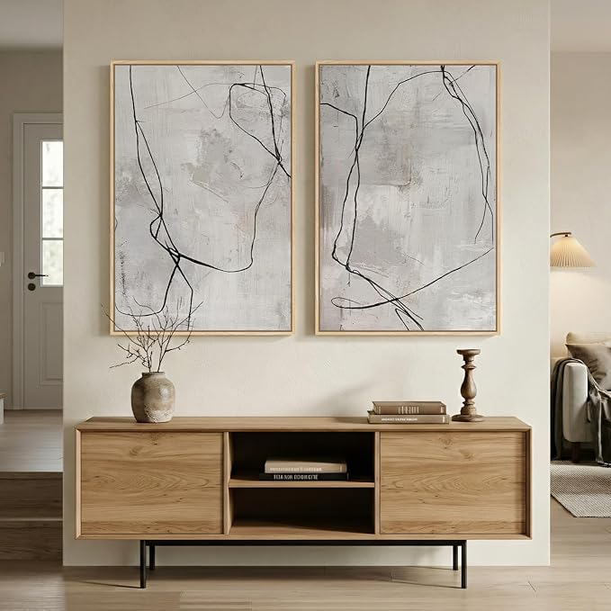 Large Framed Neutral Line Abstract Wall Art Set of 2