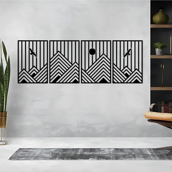 ESTART 4 Pcs Metal Mountain Wall Art, Minimalist Decor Single Line Art Wall Decor, Nature Abstract Line Minimalist Wall Art for Living Room Bedroom Bathroom Study Room (Black)
