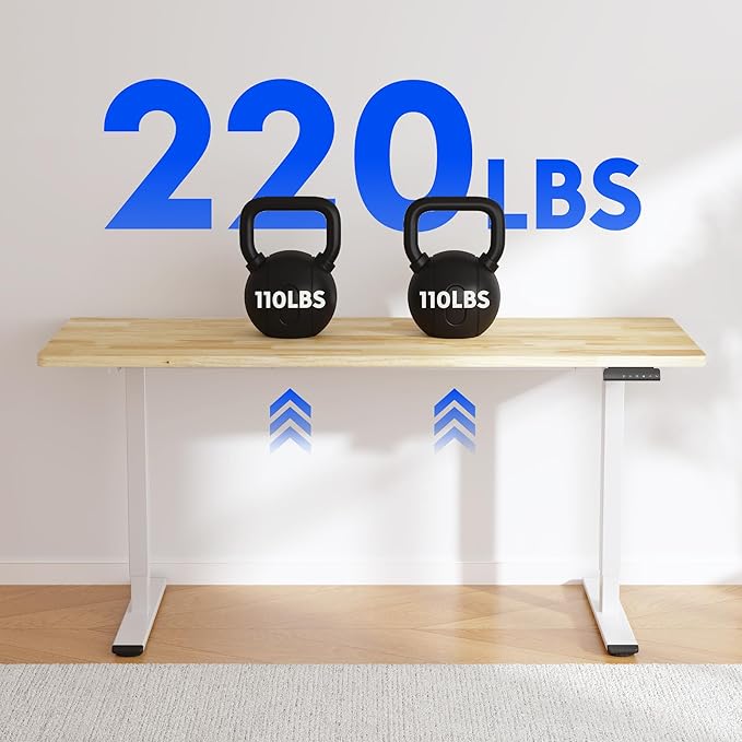 FLEXISPOT E3 Solid Wood Dual Motor Electric Standing Desk 55 x 24 Sit Stand Desk, Holds 220 lbs, Adjustable Height w/Memory Presets, Butcher Block Rubberwood Desktop & White Frame, Ships in 2 Boxes
