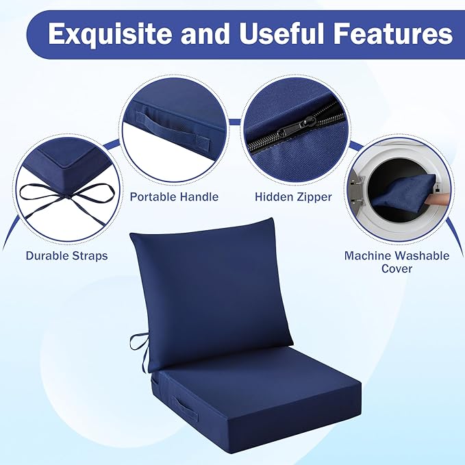 IASEAHK Outdoor Chair Cushions, 24 x 24 Inch Outdoor Cushion for Patio Furniture, Patio Chair Cushion, Waterproof & Fade Resistant Deep Patio Furniture Cushions Set with Handle and Ties, Navy Blue