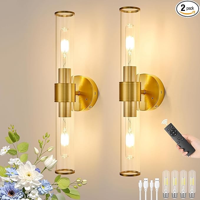 Morauroral Gold Battery Operated Wall Sconces Set of 2, Rechargeable Wall Lights