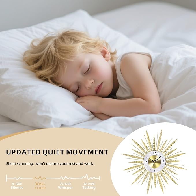 23 inch Gold Starburst Wall Clock, Silent Non-Ticking Large Modern Starburst