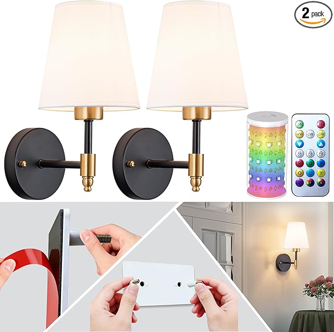 Peel and Stick Wall Sconces, Stick On Wall Sconce Set of 2, Battery Operated