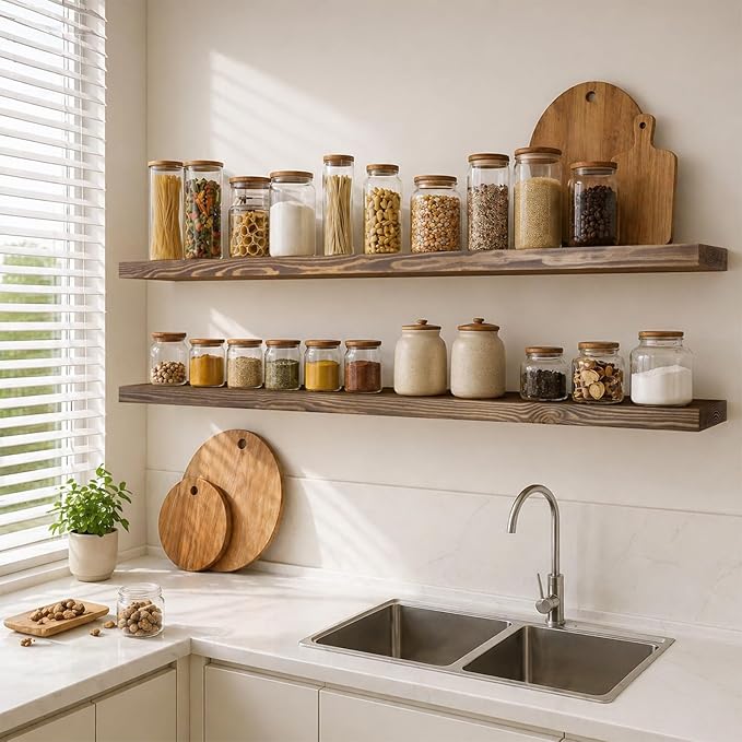 72 Inch Floating Shelves Set of 2, 8-in Deep High End Real Solid Wood Floating