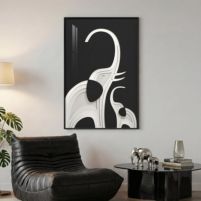 Large Framed Modern Black and White Wall Art, Contemporary Animal Elephant