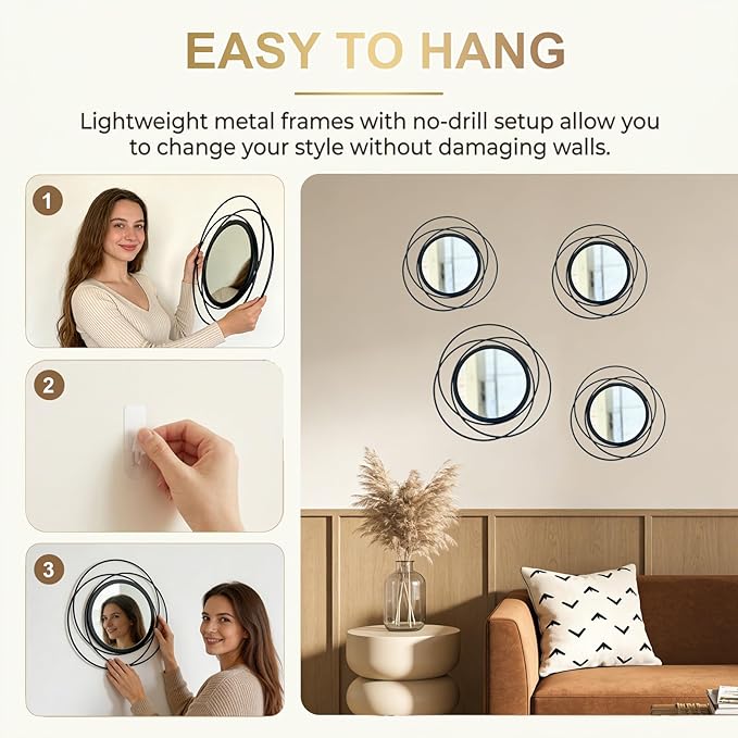 4 Piece Gold Round Wall Mirror Set Modern Metal Circle Home Decor