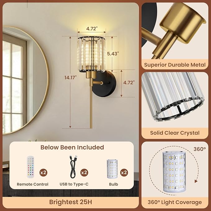 Crystal Battery Operated Wall Sconces, 12 Colors and 3CCT Dimmable Crystal Wall