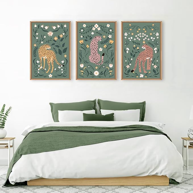 KAIRNE Sage Green Cheetah Framed Canvas Wall Art Set,Boho Leopard Floral Wall Decor,Abstract Animal Wildflower Art Prints,Modern Botanical Artwork for Living Room,Bedroom,Farmhouse,Office-16 x24 x3