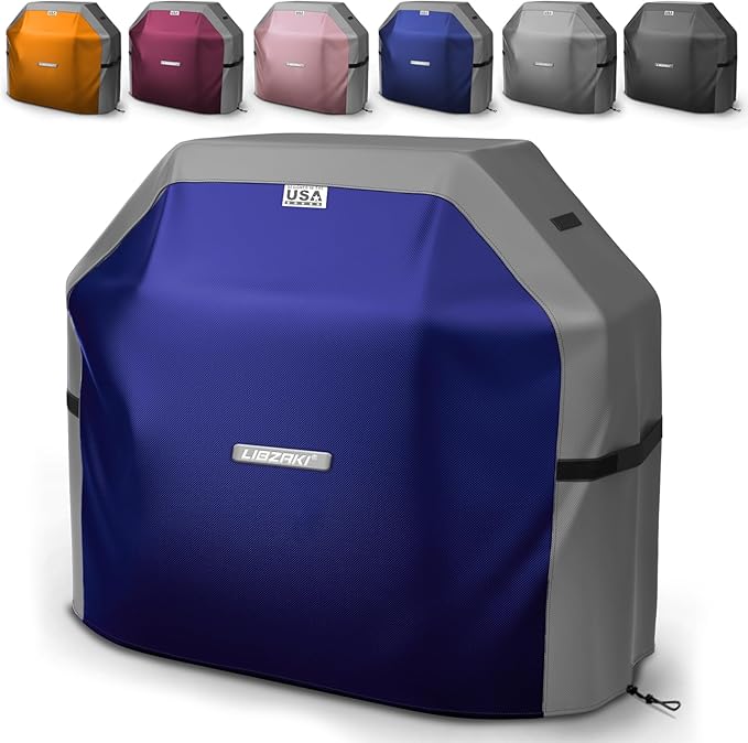 LIBZAKI Grill Cover 420D Waterproof, Weather Resistant, Rip-Proof, Anti-UV, Fade Resistant,Gas Grill Cover for Weber,Char Broil,Nexgrill Grills, etc.48 inches-Blue/Gray