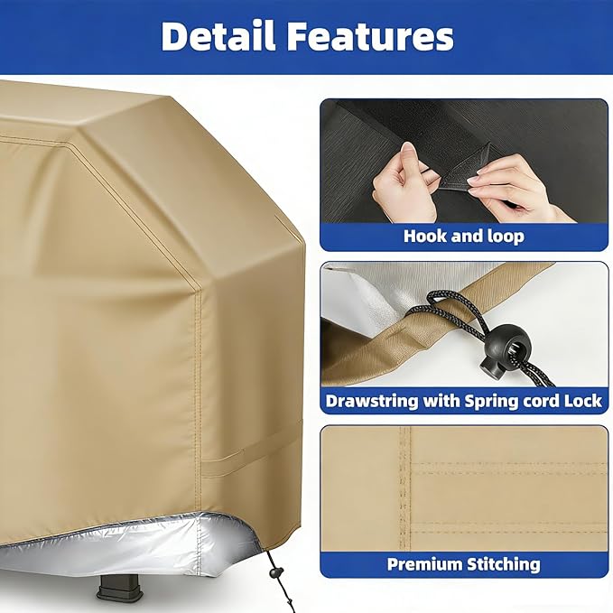 BBQ Gas Grill Cover for Outdoor, Anti-UV, Rip-Proof, 600D Oxford Fade Resistant Material, Barbecue Cover with Hook and Loop Straps & Adjustable Hem Drawstring (Beige, 60”x24”x44”)