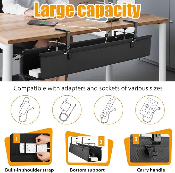 Oxford Cloth Under Desk Cable Management Tray,No-Drill 36" Desk Cable Management Organizer with Clip/Screw Installation,Fabric Cable Management for Home,Office & Gaming Computer(Black)