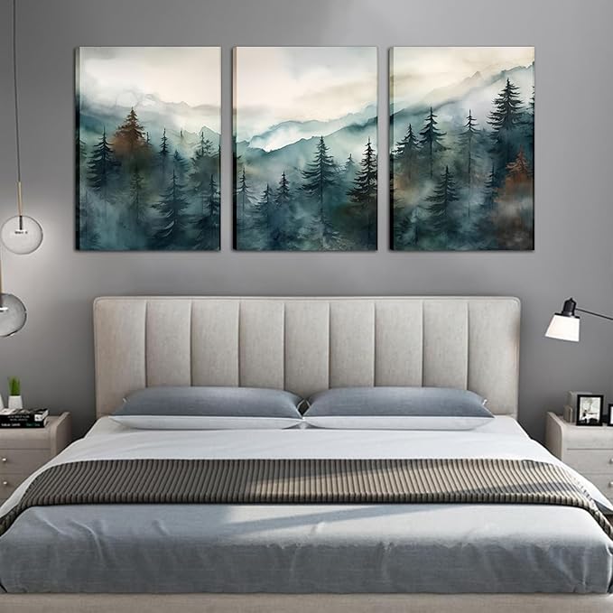 AKWISH Framed Green Forest Canvas Wall Art Set of 3, Boho Misty Watercolor Pine