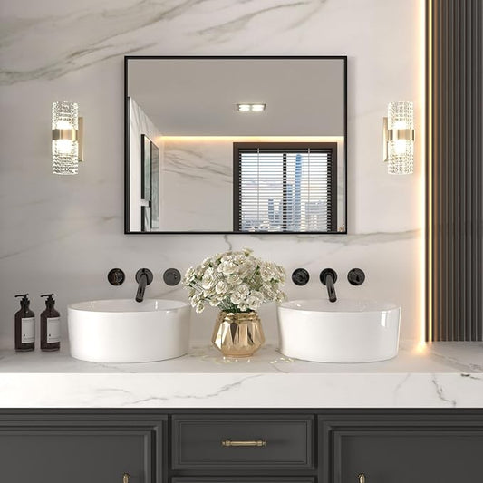 LOAAO 40"X32" Black Rectangle Bathroom Mirror Wall, Matte Black Aluminum Alloy