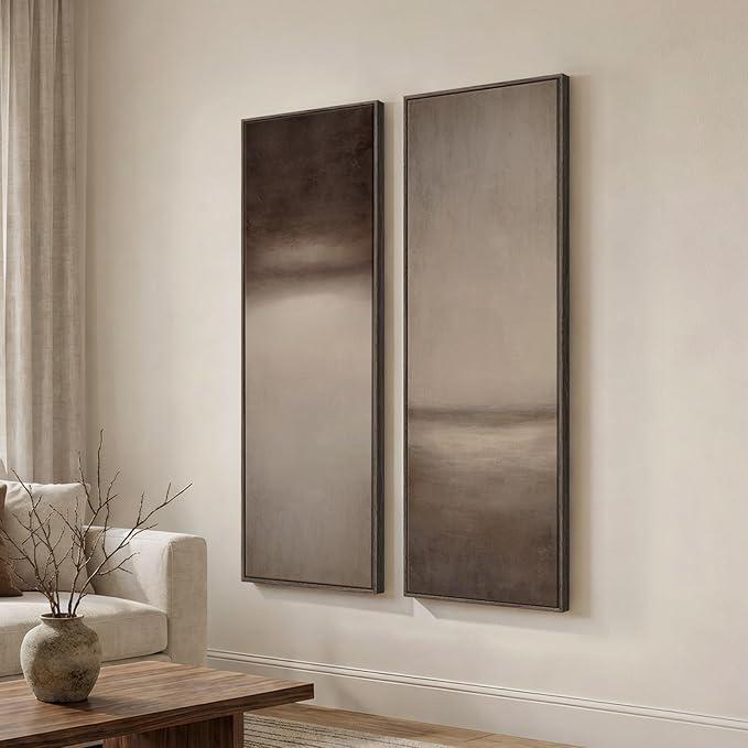 Long Narrow Framed Brown and Beige Neutral Abstract Vertical Wall Art,