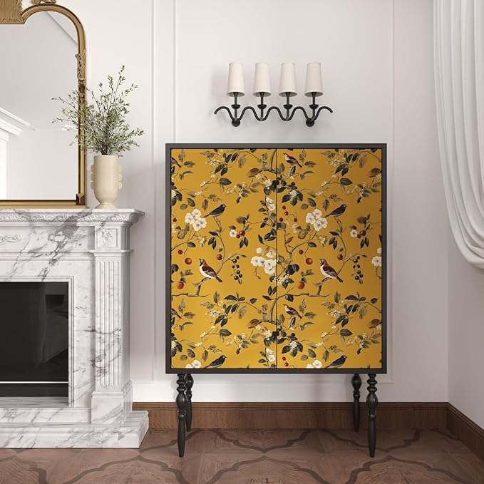 Laatse Vintage Bird Wallpaper 17.5"x393" Yellow Chinoiserie Floral Wallpaper