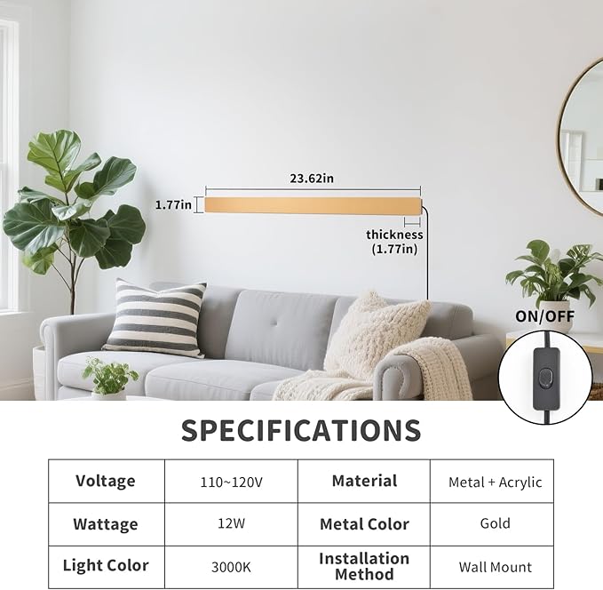 KELUOLY Modern Plug in Wall Sconces, 23.6 inch Frosted Gold LED Long Wall Lights