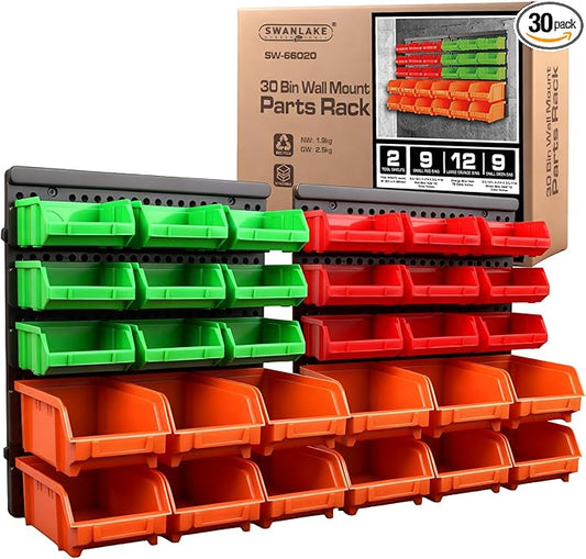 SWANLAKE GARDEN TOOLS 30-Bin Wall-Mounted Storage Bins, Heavy-Duty Garage Tool