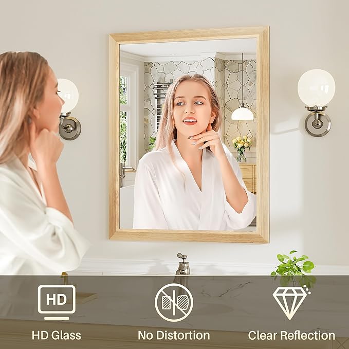 28x36 Inch Bathroom Mirror for Wall, Anti-Rust Oak Wood Grain Metal Framed