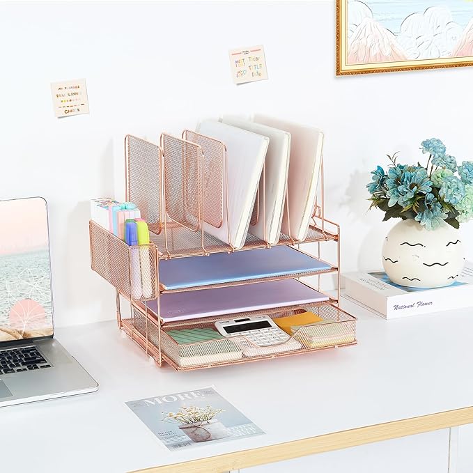 LEKETREE Desk Organizers and Accessories, 3-Tier Paper Organizer with 5 Vertical File Holders, File Organizer for Desk (Rose Gold With Drawer, 3T With Drawer)