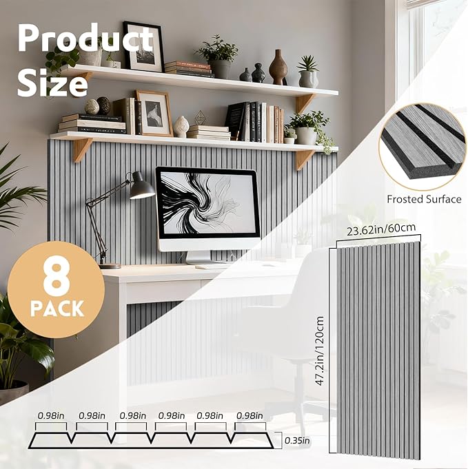 RITOLLO 8 Packs Acoustic Panel 47.2"×23.6" Sound Absorbing Slat Wall Panels